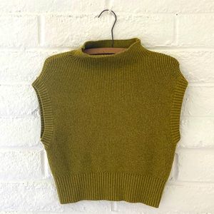Maeve Anthropologie Olive Mock Neck Cropped Sweater Vest Tee